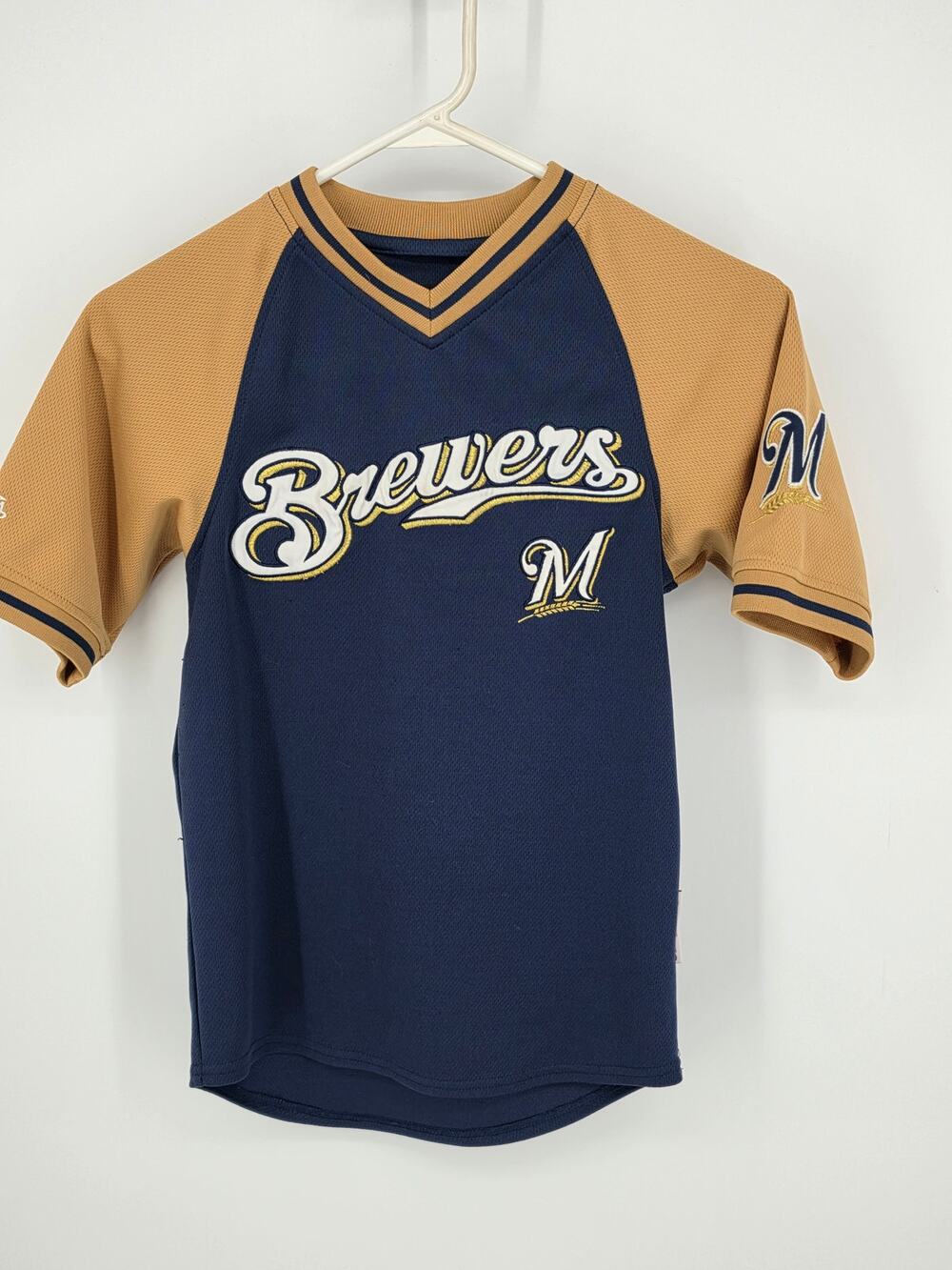 Stitches Milwaukee Brewers Baseball Jersey Youth M Navy Gold Sewn Logos